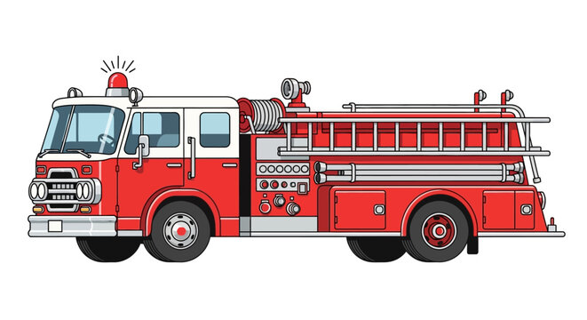 Red fire truck with ladder and hose on white background