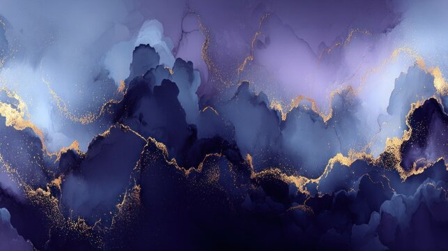 Fluid abstract design displays dark indigo, lavender, and bright blue gradients accented with metallic gold striations