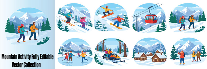 Winter mountain activity vector collection, skiing and snowboarding outdoor sports scenes, snowy alpine landscape with people hiking and skating © s graphics 
