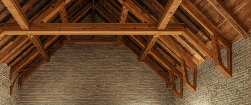 Architectural interior of a hall with cross laminated timber beams in glulam roof framing and textured stone brick walls