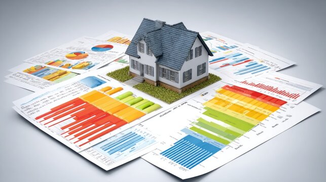 Miniature residential structure rests upon numerous scattered financial and performance documentation sheets
