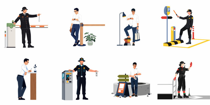 Flat vector illustration set of security guards and professional staff managing parking areas, entry gates, and traffic control points in a city.