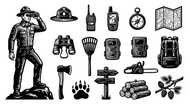 Ranger, Explorer, Survival, Camping, Outdoor Gear, Vector Icons, Black and White Line Art
