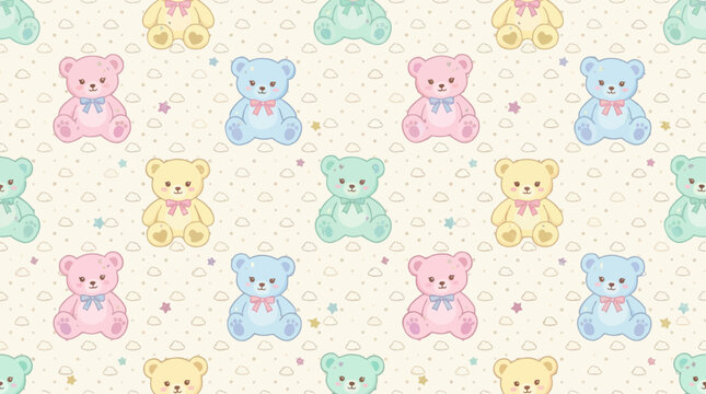 Pastel colored teddy bears on cream background with clouds and stars