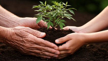 Fototapeta premium Hands planting a small tree in fertile soil, symbol of growth and care