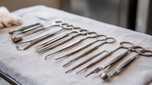 Sterilized surgical instruments arranged neatly on a sterile cloth, ready for medical procedures