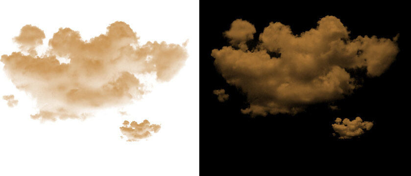 Golden brown fluffy clouds isolated on white and black backgrounds, sepia cumulus cloud formations, atmospheric vapor design elements for compositing