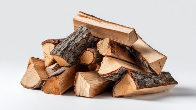 Stacked pieces of split firewood rest against a bright background