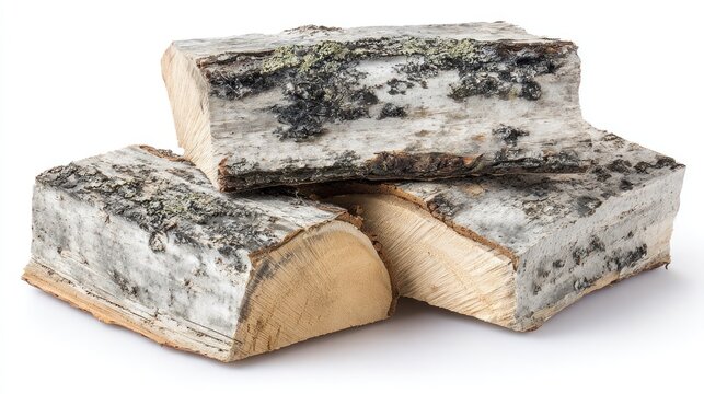 Stack of three split logs displaying white and dark textured bark against a stark white background.