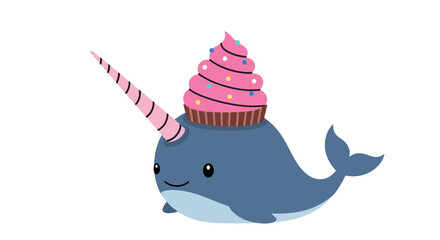 Cute narwhal with pink cupcake on horn, vector illustration © Wa
