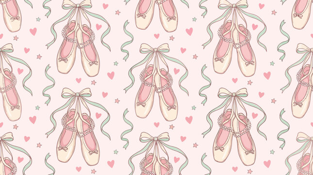 Ballet shoes pattern with hearts and stars on pink background