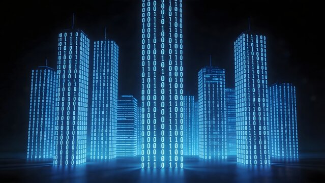 Digital cityscape with binary code