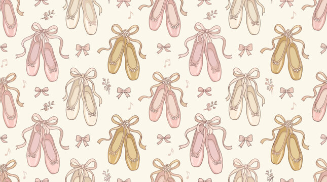 Ballet shoes pattern with bows and flowers on cream background