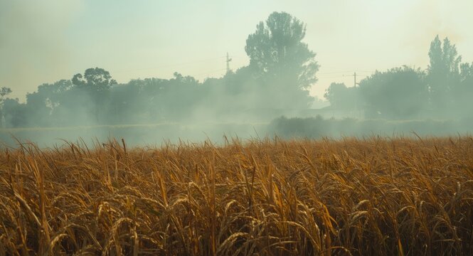 Agricultural field smoke from burning rice straw causing air pollution and climate impact
