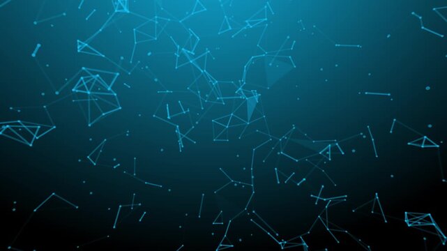 Digital Network Abstract: A deep blue background features a complex web of interconnected lines and glowing nodes, symbolizing data, technology, and digital connectivity.
