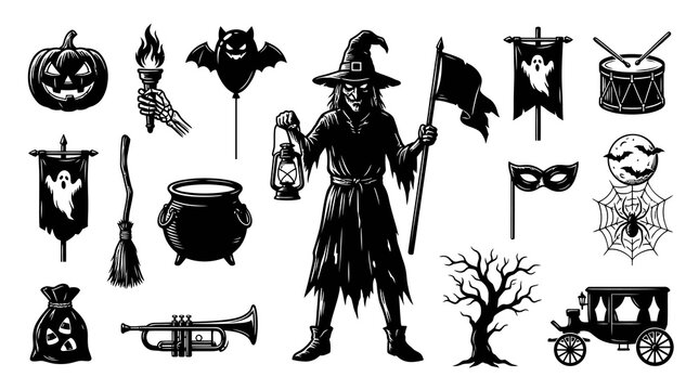 Black and White Vintage Engraving Halloween Illustration Set with Witch, Pumpkin, Ghost, Haunted Icons