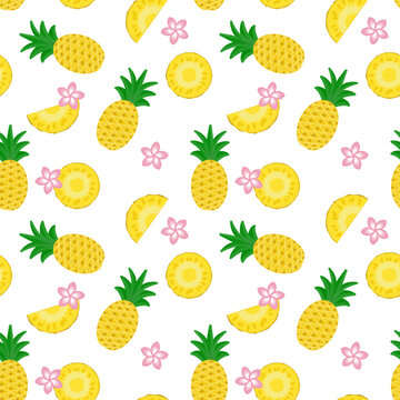 seamless pattern vector pineapple fruit, pineapple slices, and pink frangipani flowers white background
