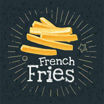 French fry stick potato. Vector color realistic illustration without gradient for poster, label and menu cafe fast food. Isolated on the black chalkboard with white chalk rays and lettering.