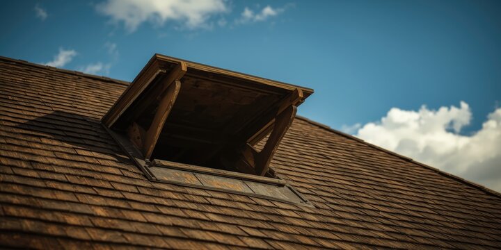 Attic chimney access via wooden framed hatch situated in shingled roof