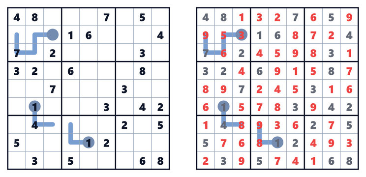 Thermo Sudoku puzzle layout with solutions and pathways illustrated  
