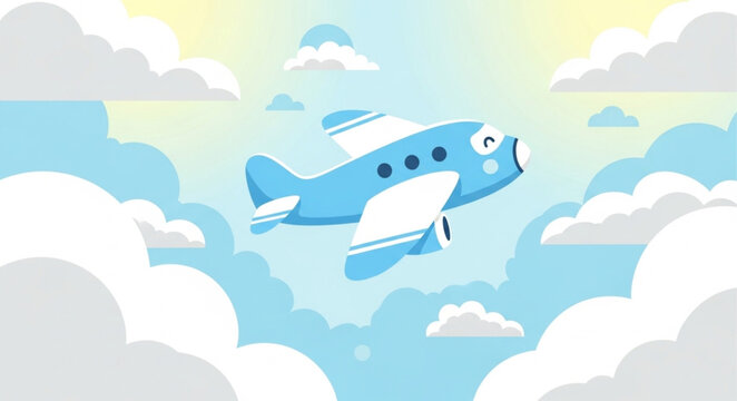 Cartoon Airplane Flying Through Cloudy Sky Illustration.