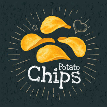 Potato Chips. Vector color realistic illustration without gradient for poster, label and menu cafe fast food. Isolated on the black chalkboard with vintage white chalk engraving rays, lettering.