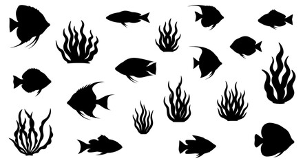 Black silhouettes of fish and seaweed. © Bayu