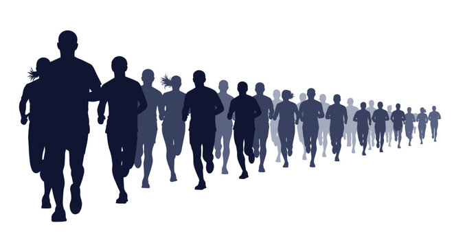 Group of people running together fast.