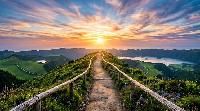 Breathtaking sunset view over the sete cidades caldera lakes on so miguel island in the azores, portugal