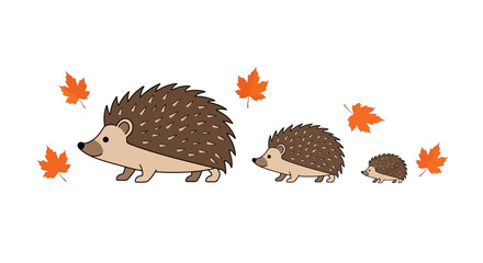 Family of hedgehogs walking with autumn leaves in flat vector style © Wa