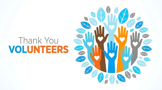 Thank you volunteers concept illustration with colorful hands and leaves isolated on white background