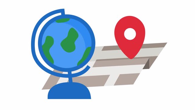 Global navigation and location icon with colorful desk globe, folded map, and red pin graphic cartoon animation isolated on an alpha channel for international travel planning element concept.