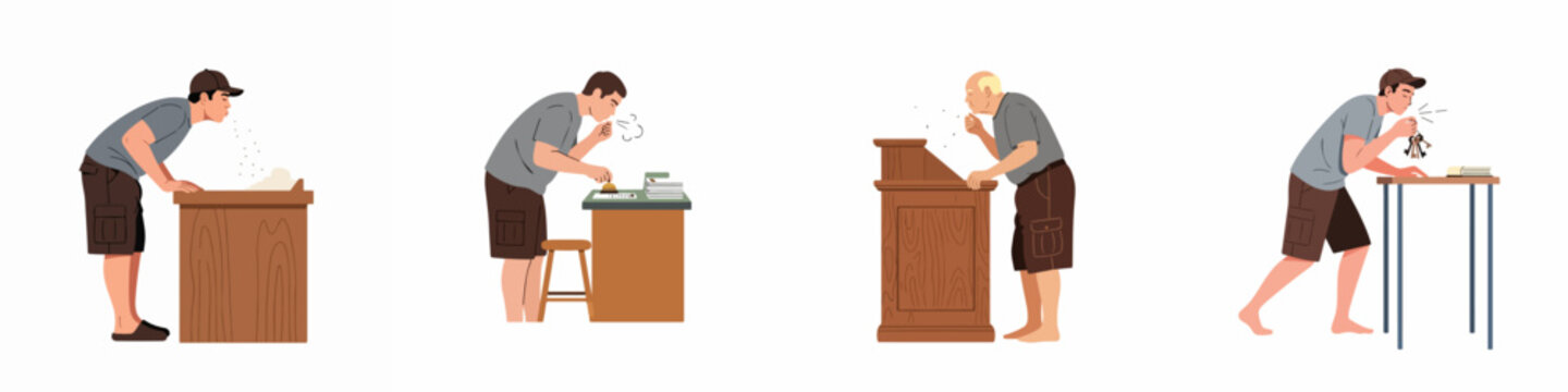 Set of illustrations depicting men coughing and sneezing over various furniture, demonstrating the spread of germs and potential viral transmission.
