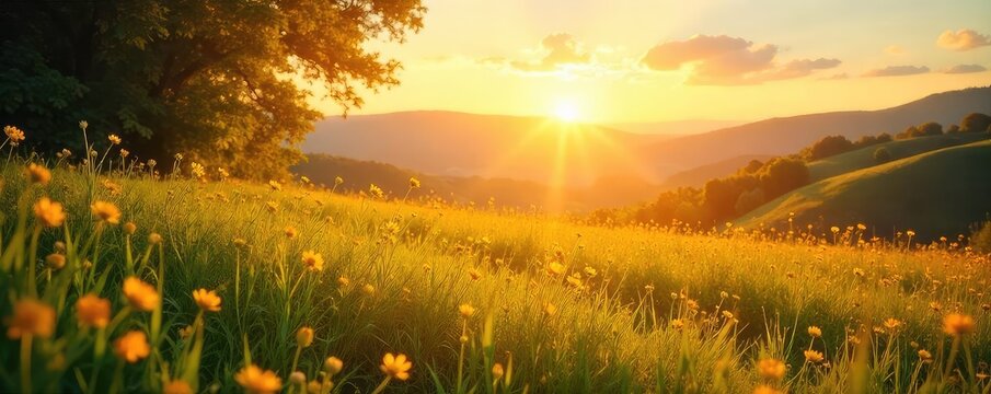 A serene landscape bathed in golden sunlight, evoking feelings of peace and contentment  Perfect for illustrating concepts of well-being, relaxation, and inner joy , sunset, aesthetic, rest