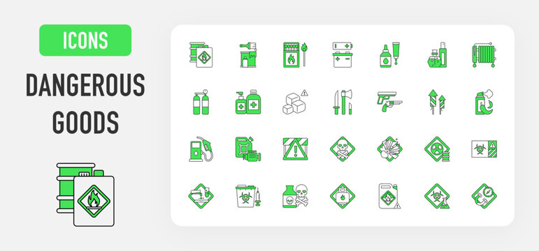 Dangerous Goods icon. Toxic Substances, Warning Danger, Explosive, Radioactive Material, Biohazard Sign, Corrosive Chemicals, Waste Disposal, Gases, Hydrogen Peroxide, Infectious Agent vector.