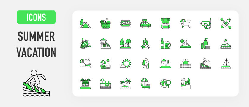 Summer Vacation icon. Hike, Yoga, Beach, Sun, Sand, Sea, Surf , Sail, Resort, Pool, Island, Relax, Explore, Nature, Camp, Bonfire, Party, Spa, Jet Ski, Parasail, Picnic, Bbq vector. 