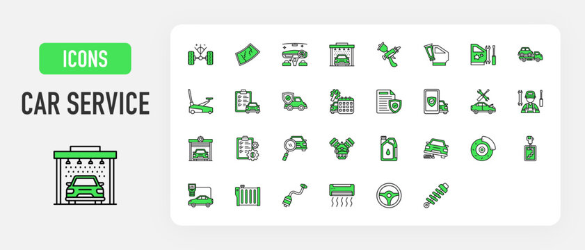 Car Service icon. Clean Car, Warranty Card, Tire, Bender, Air Conditioning, Towing Vehicle, Wheel Alignment, Inspection, Scratch Remover, Car Insurance, Repair Shop vector. 