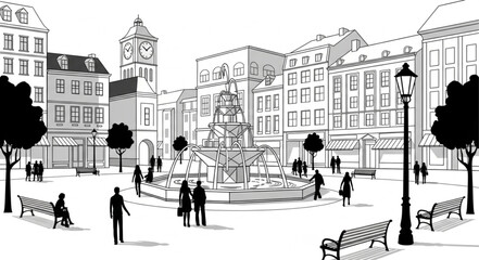 City Square with People Benches Trees and Buildings. © bakul