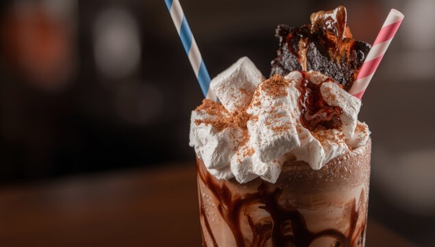 Chocolate indulgence milkshake with rich brownies fluffy marshmallow and sweet toppings