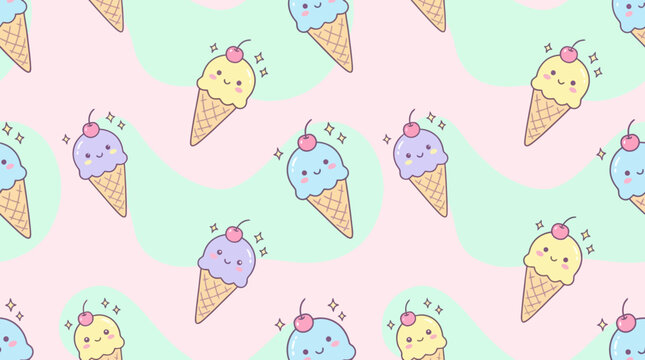 Colorful cartoon ice cream cones with smiling faces seamless pattern