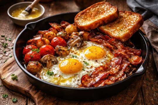 Mouthwatering breakfast skillet with toasted bread and clarified butter glaze
