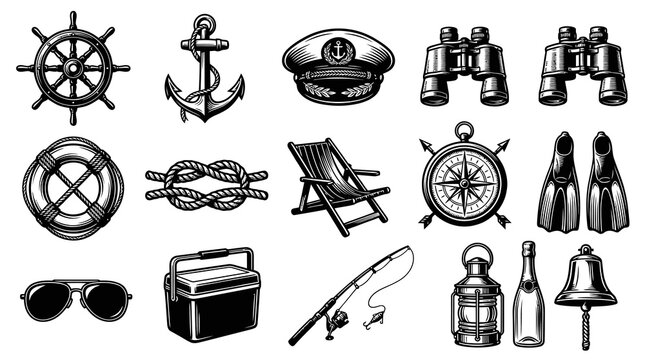 Nautical Vintage Icons Set: Ship Wheel, Anchor, Cap, Binoculars, Compass, Fishing Gear, Black  White Line Art