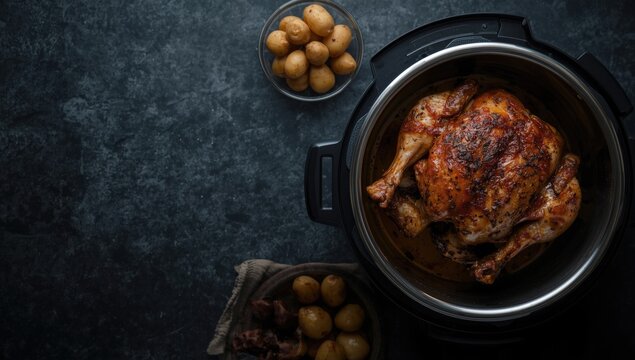 Broasted Chicken in Pressure Cooker with Potatoes Top View, Dark Background, Cooking Scene