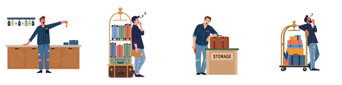 Set of tired and yawning hotel staff characters working at reception, storage, and with luggage carts, illustrating workplace exhaustion and fatigue.
