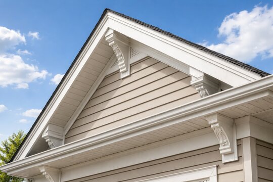 Vinyl sided gable roof showcasing white fascia and soffit with intricate corbel and bracket details under open sky