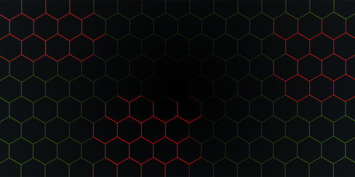 Dark red and blue hexagon abstract technology background with red and blue colored bright flashes under hexagon. Hexagonal gaming vector abstract tech background.