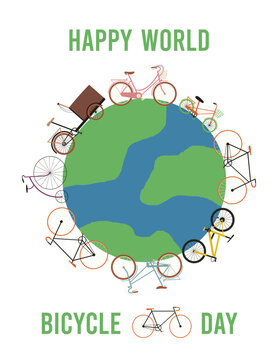 Bicycles ride around Planet Earth on World bicycle day. Minimalistic flat vector poster on white background.