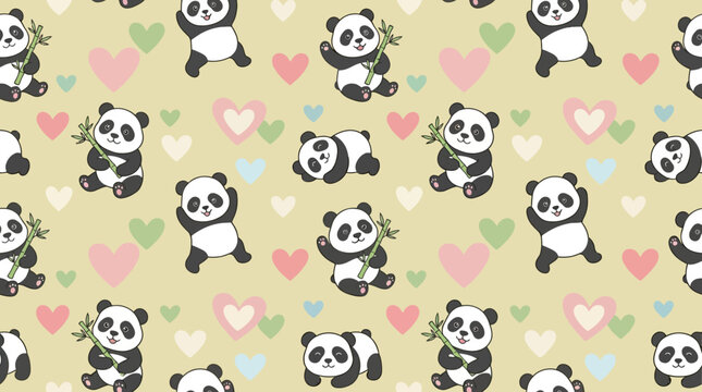 Cute panda bears holding bamboo on heart background