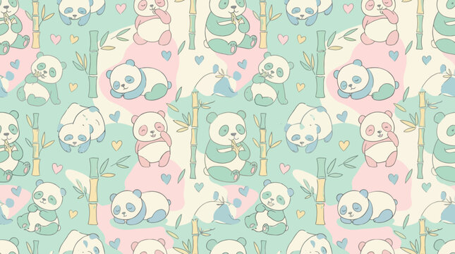 Cute panda bears eating bamboo shoots with hearts seamless pattern