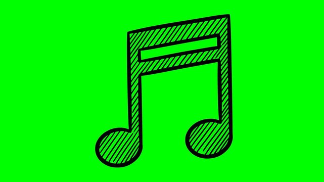 Hand drawn style musical note animation with black fill line art on a green screen chroma key background for easy video editing and music content creation